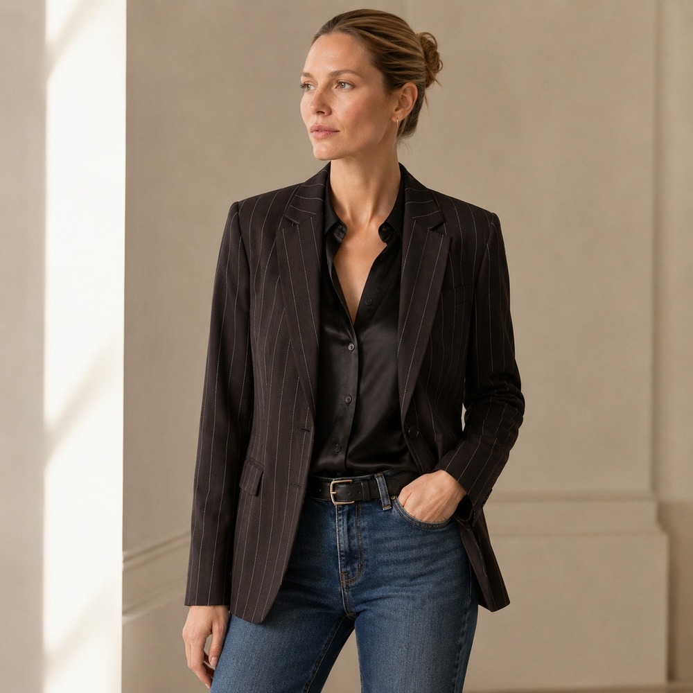 Theory Blazer Women 6 Brown Pinstripe Wool Blend Two Button Classy Career